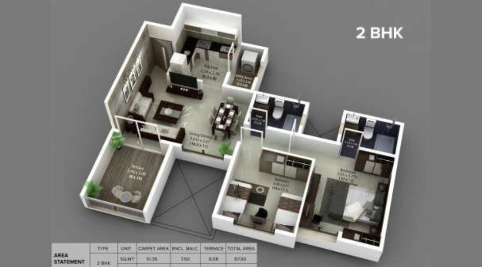 Ahura Ecopolitan-2BHK-3D-View